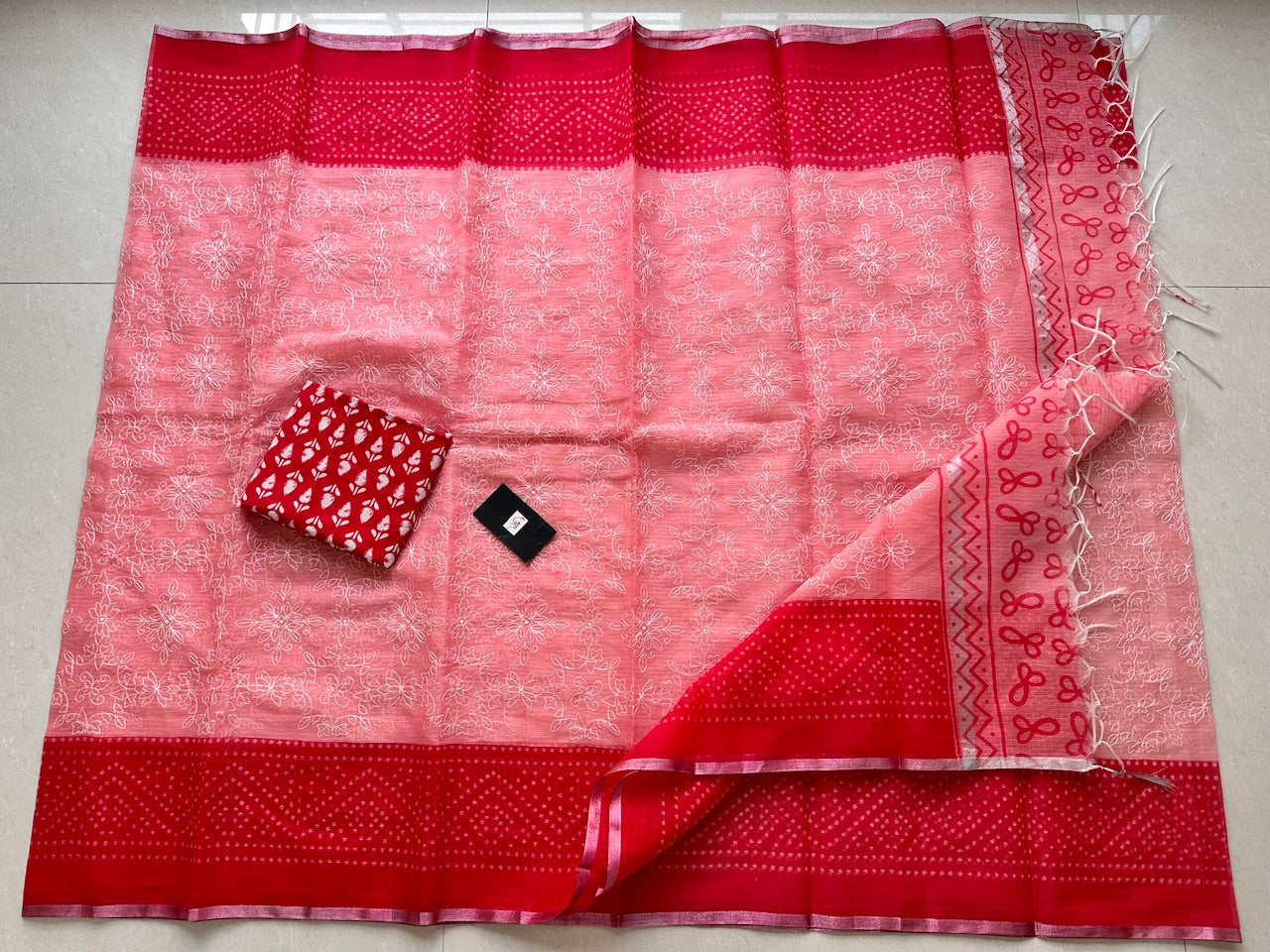 Embroidered HandBlock Printed Kota Cotton Doria Saree