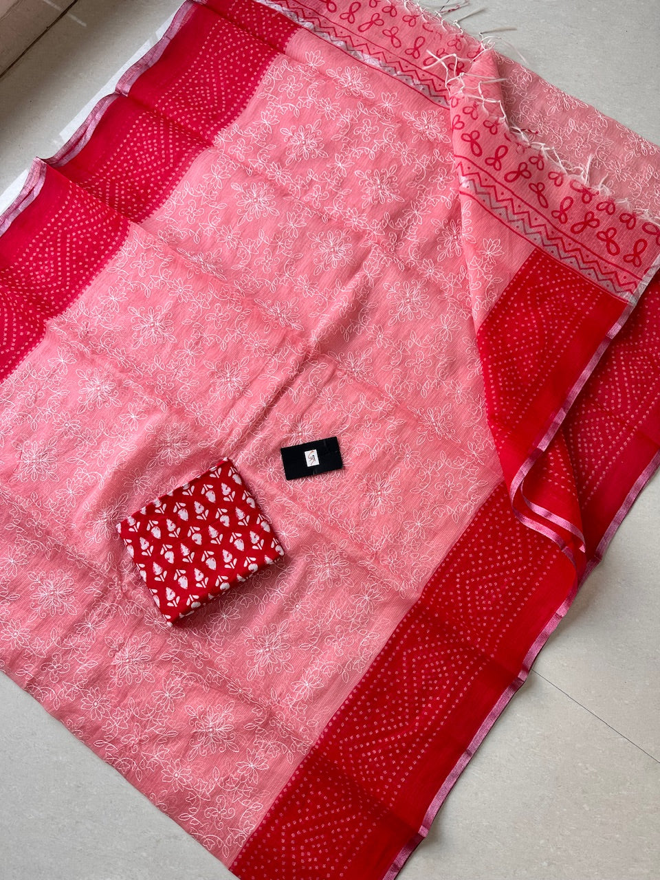 Embroidered HandBlock Printed Kota Cotton Doria Saree