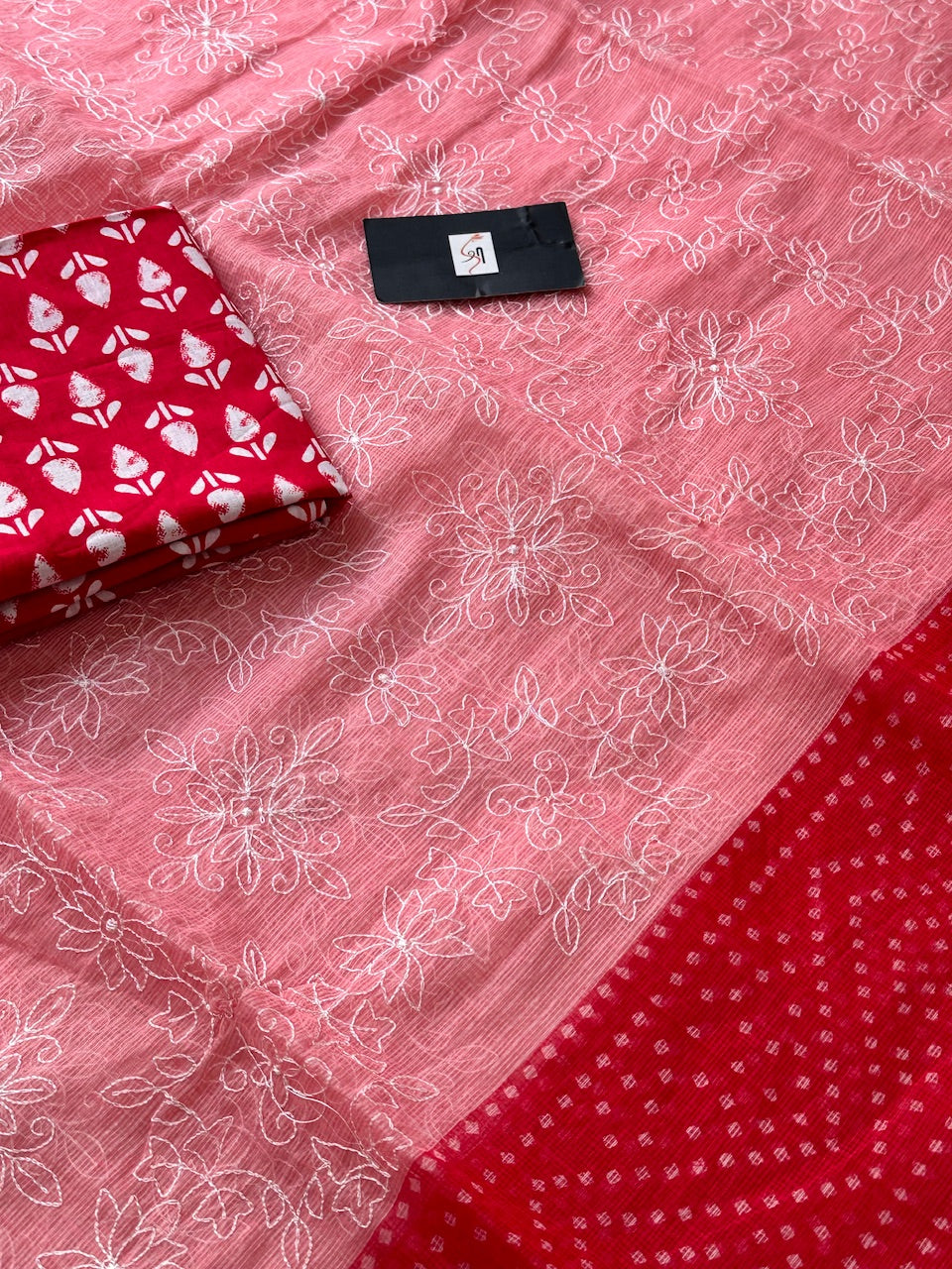 Embroidered HandBlock Printed Kota Cotton Doria Saree