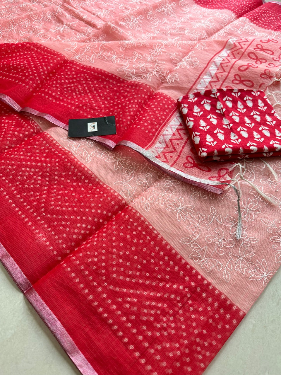 Embroidered HandBlock Printed Kota Cotton Doria Saree