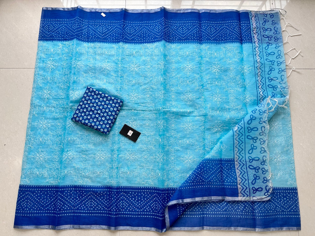 Embroidered HandBlock Printed Kota Cotton Doria Saree