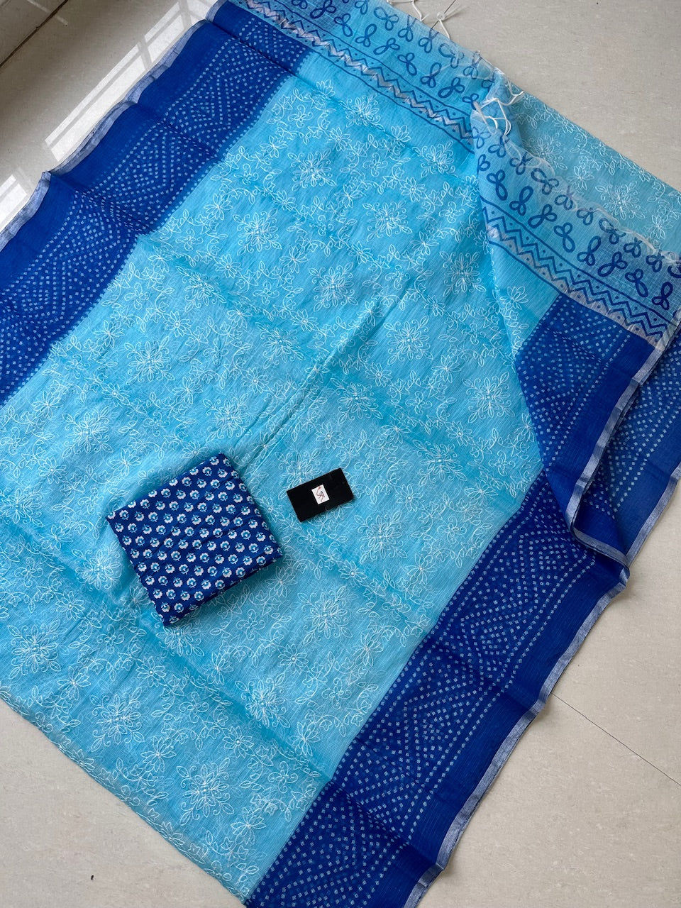 Embroidered HandBlock Printed Kota Cotton Doria Saree