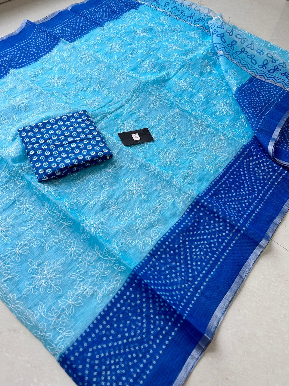 Embroidered HandBlock Printed Kota Cotton Doria Saree