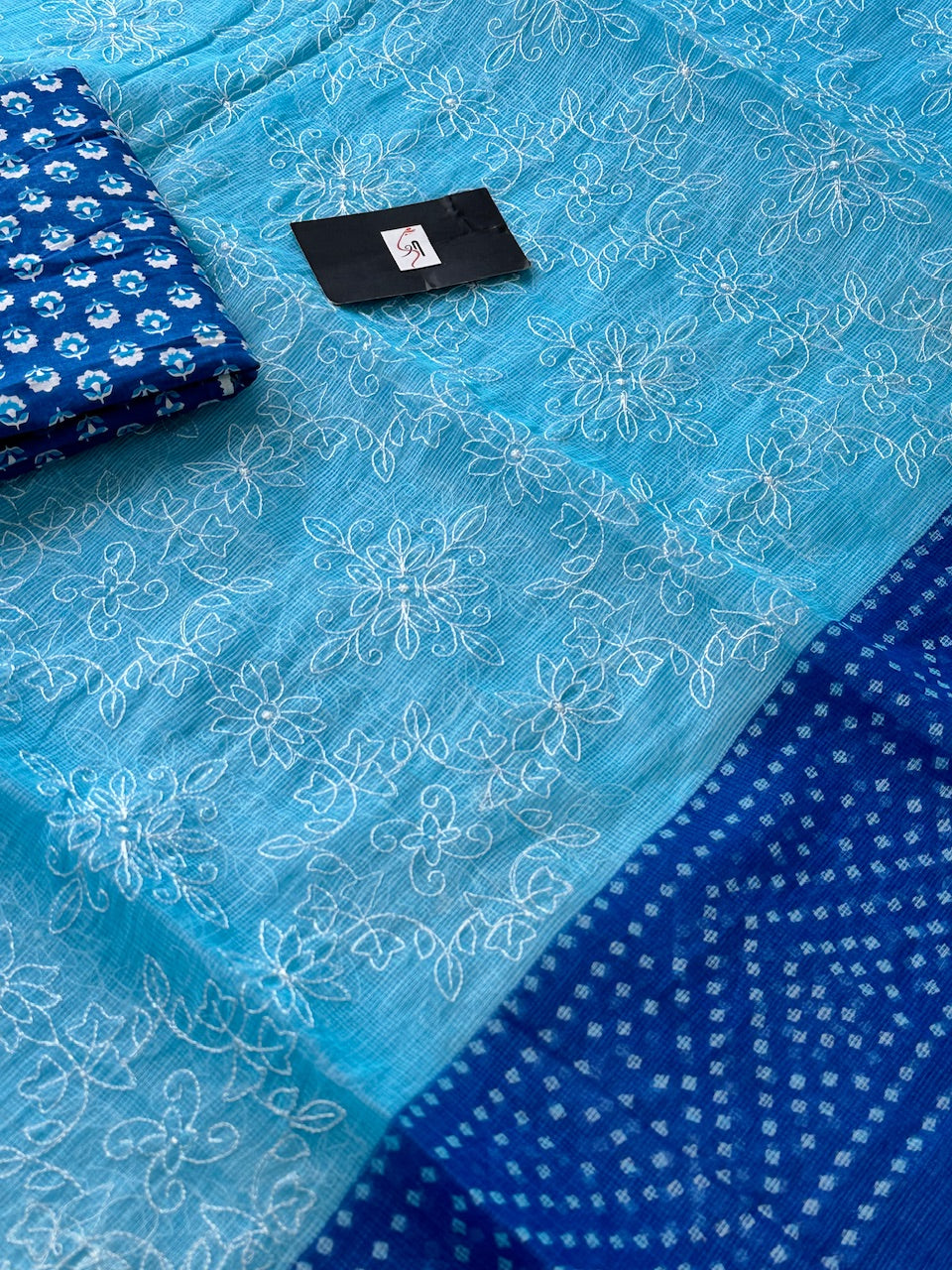 Embroidered HandBlock Printed Kota Cotton Doria Saree