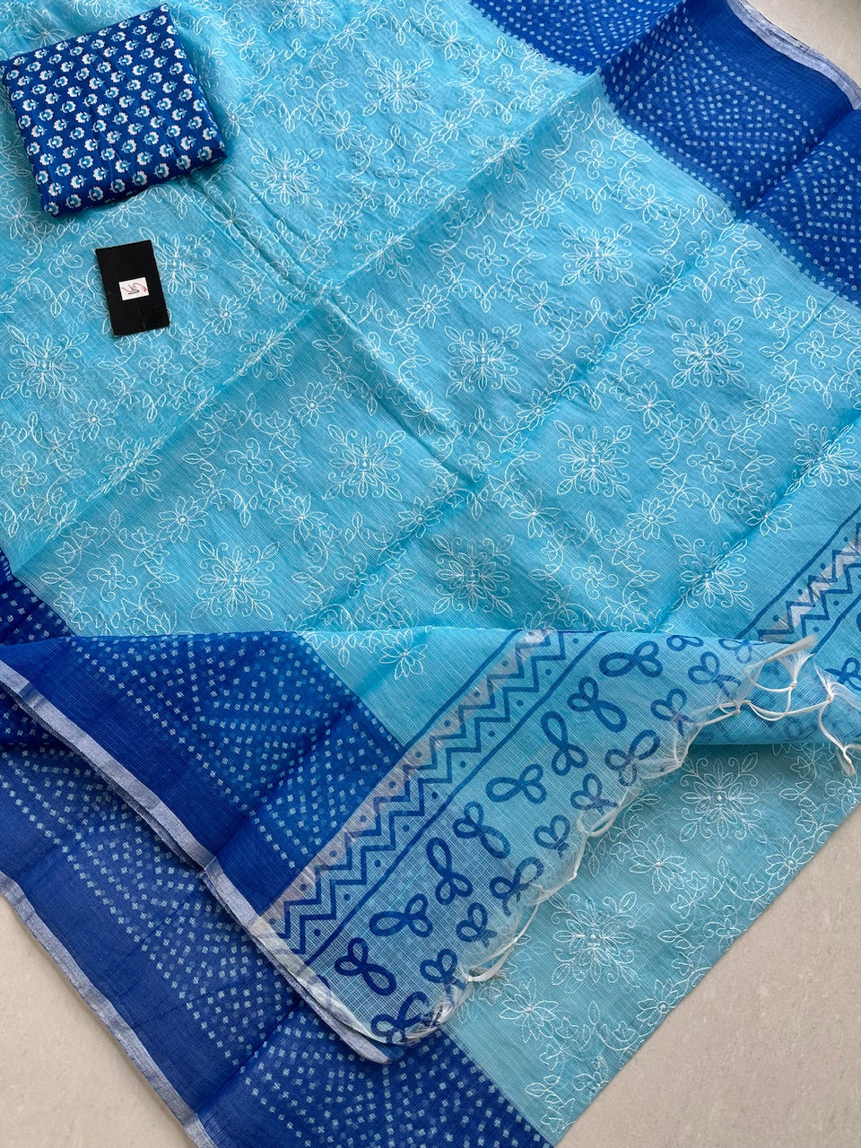 Embroidered HandBlock Printed Kota Cotton Doria Saree