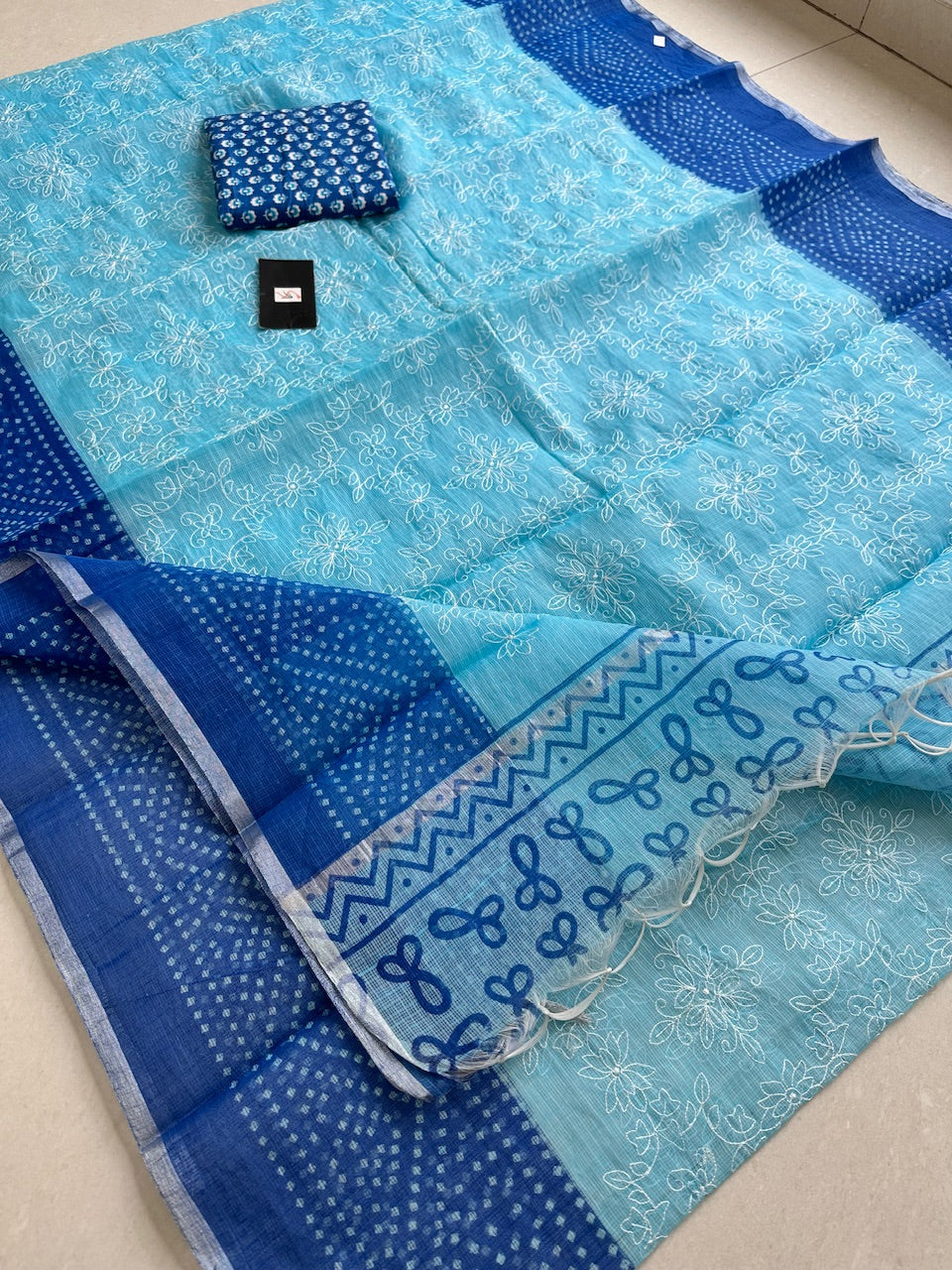 Embroidered HandBlock Printed Kota Cotton Doria Saree