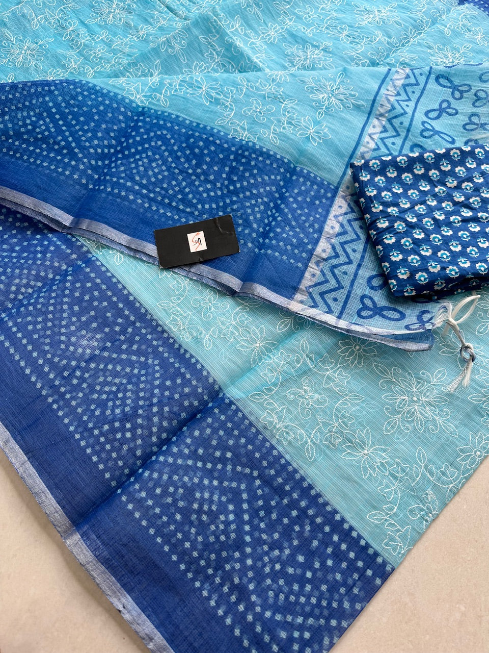 Embroidered HandBlock Printed Kota Cotton Doria Saree