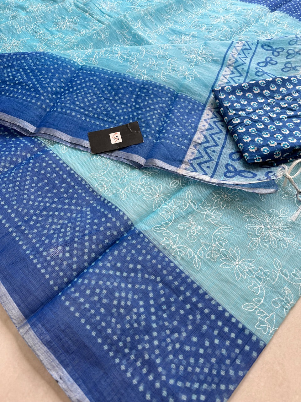 Embroidered HandBlock Printed Kota Cotton Doria Saree