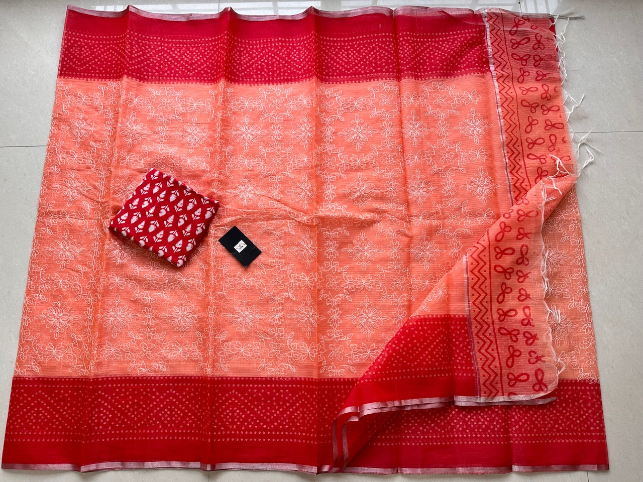 Embroidered HandBlock Printed Kota Cotton Doria Saree