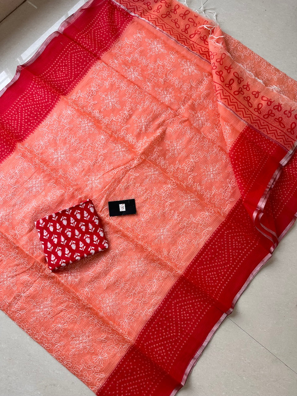 Embroidered HandBlock Printed Kota Cotton Doria Saree