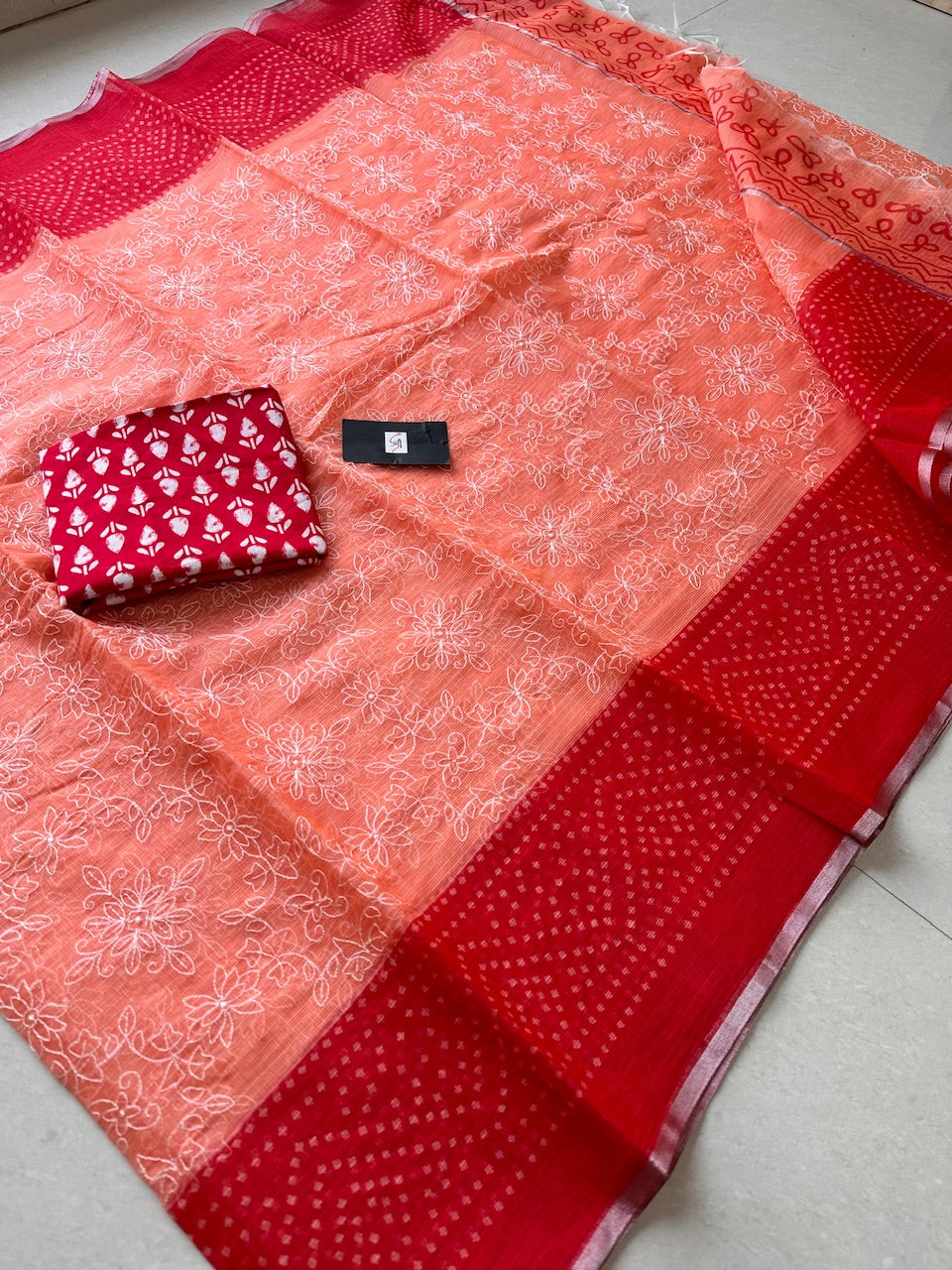 Embroidered HandBlock Printed Kota Cotton Doria Saree