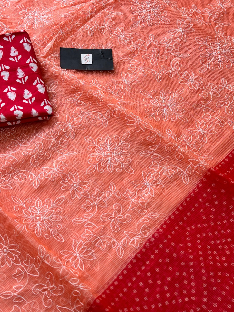 Embroidered HandBlock Printed Kota Cotton Doria Saree