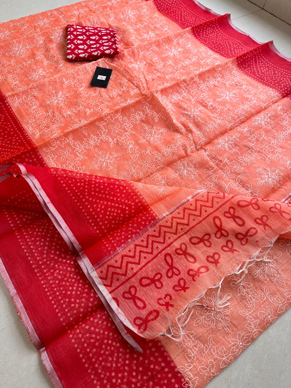 Embroidered HandBlock Printed Kota Cotton Doria Saree