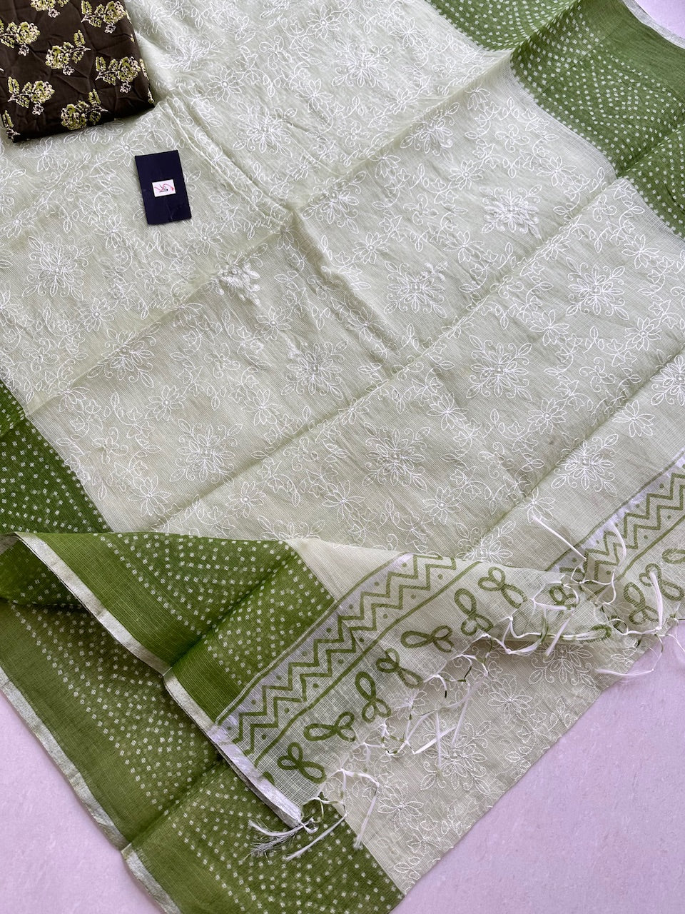 Embroidered HandBlock Printed Kota Cotton Doria Saree