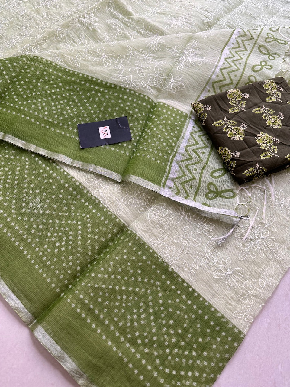 Embroidered HandBlock Printed Kota Cotton Doria Saree