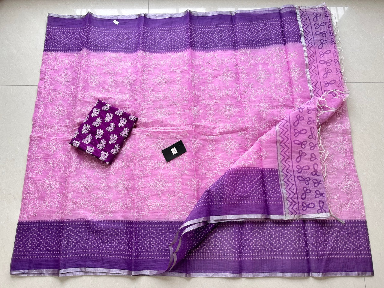 Embroidered HandBlock Printed Kota Cotton Doria Saree