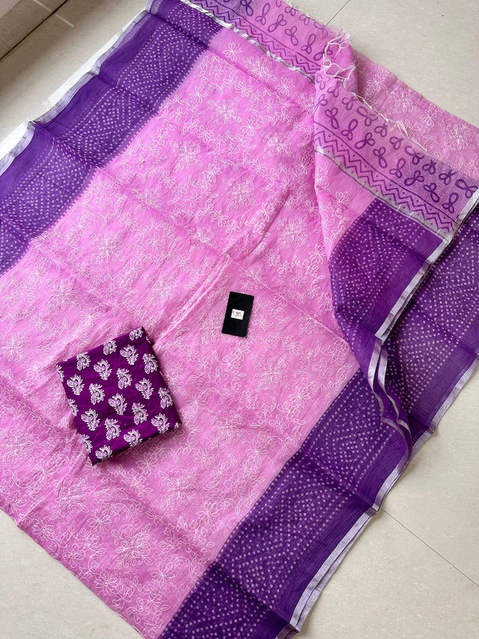 Embroidered HandBlock Printed Kota Cotton Doria Saree