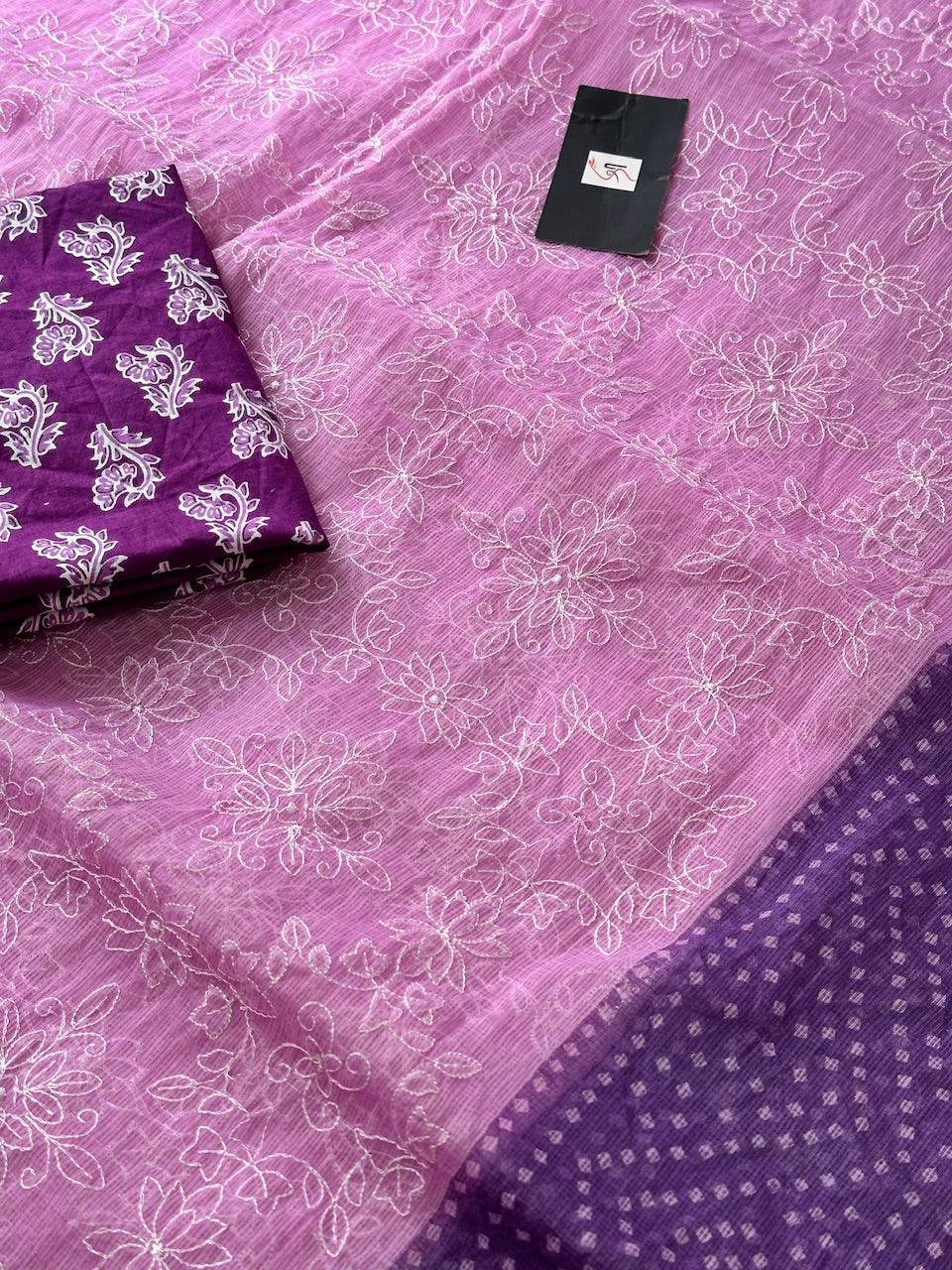 Embroidered HandBlock Printed Kota Cotton Doria Saree