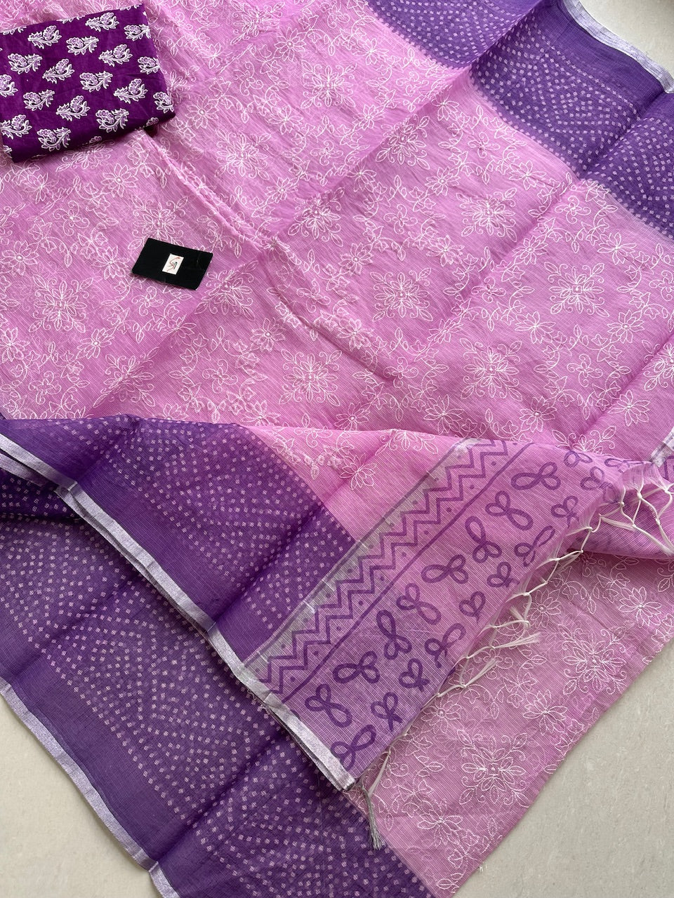 Embroidered HandBlock Printed Kota Cotton Doria Saree