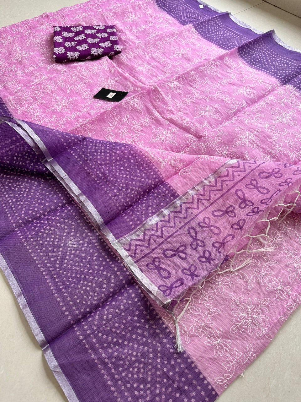 Embroidered HandBlock Printed Kota Cotton Doria Saree