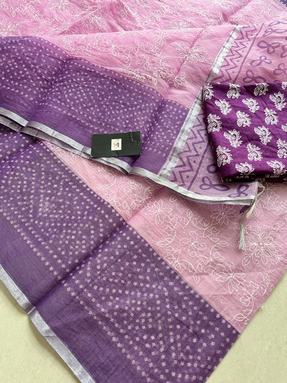 Embroidered HandBlock Printed Kota Cotton Doria Saree