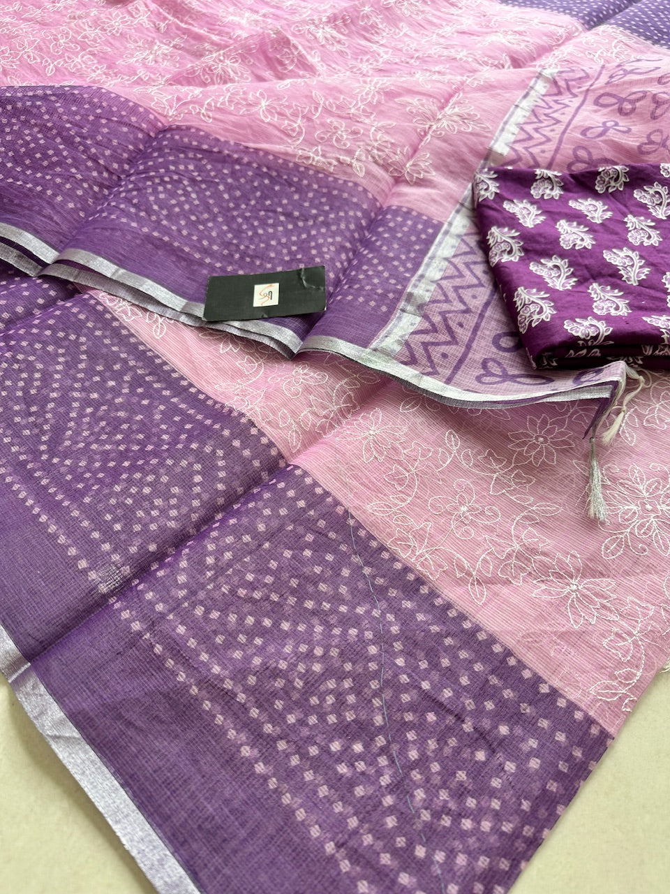 Embroidered HandBlock Printed Kota Cotton Doria Saree