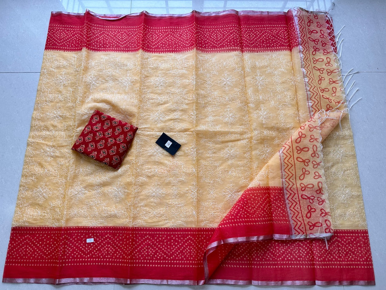 Embroidered HandBlock Printed Kota Cotton Doria Saree