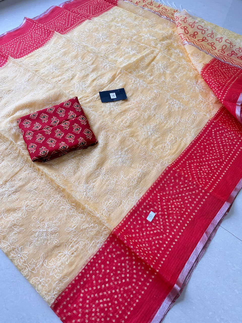 Embroidered HandBlock Printed Kota Cotton Doria Saree