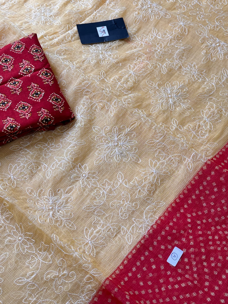 Embroidered HandBlock Printed Kota Cotton Doria Saree