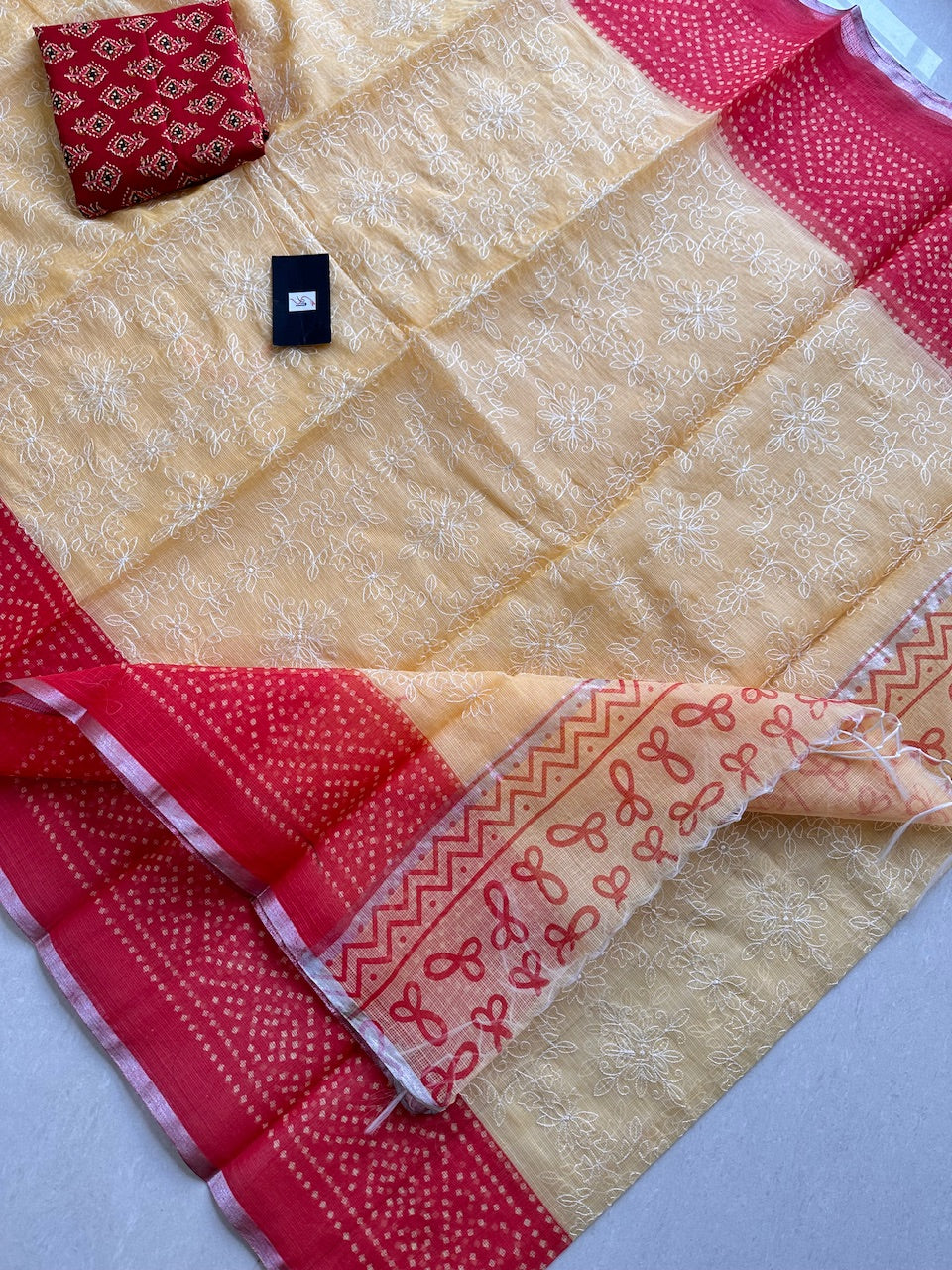 Embroidered HandBlock Printed Kota Cotton Doria Saree