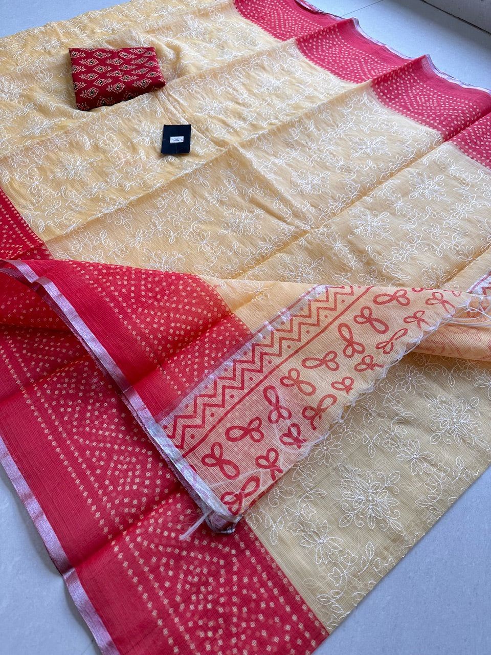 Embroidered HandBlock Printed Kota Cotton Doria Saree