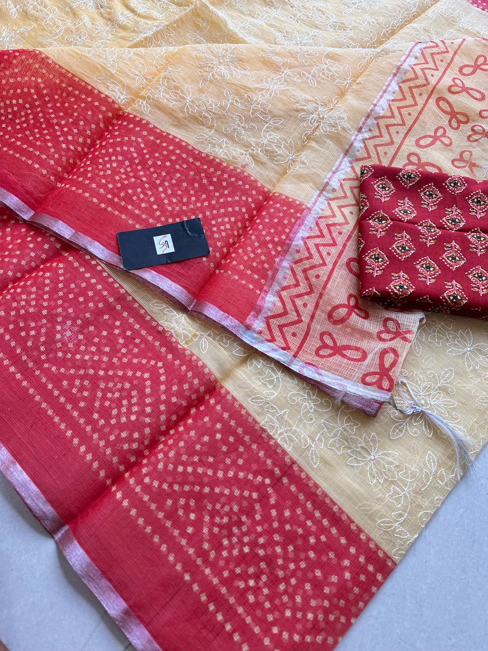 Embroidered HandBlock Printed Kota Cotton Doria Saree