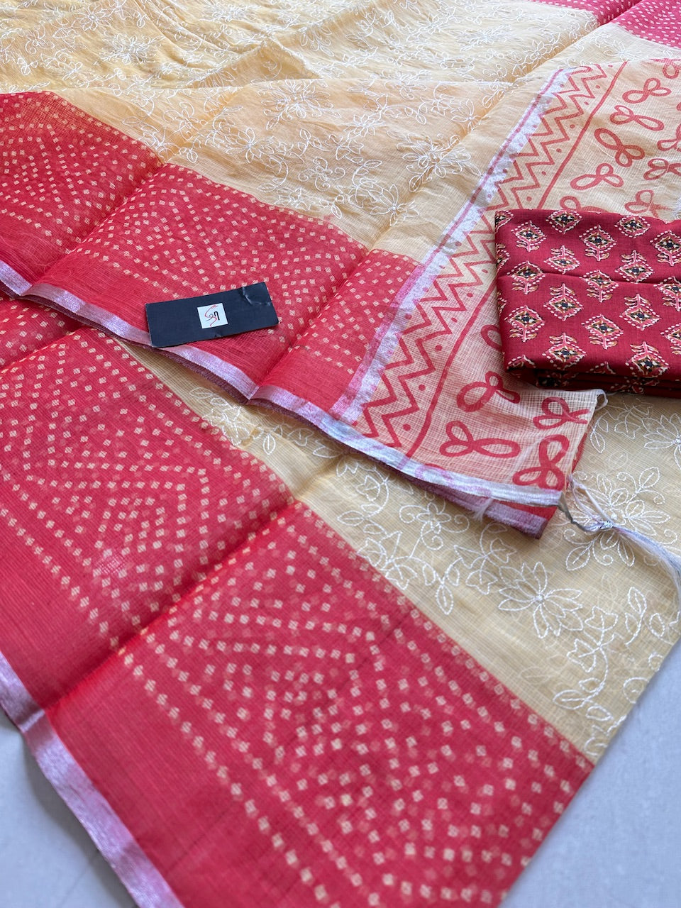 Embroidered HandBlock Printed Kota Cotton Doria Saree