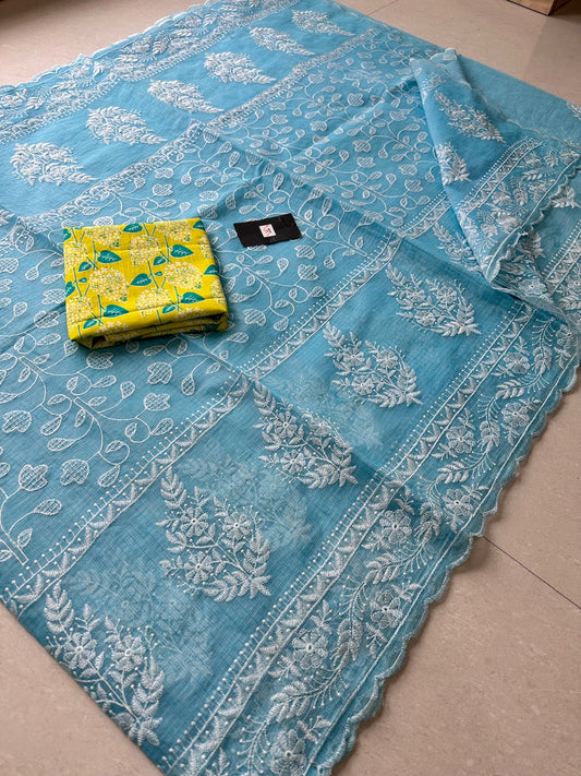 Embroidered Kota Cotton Doria Saree