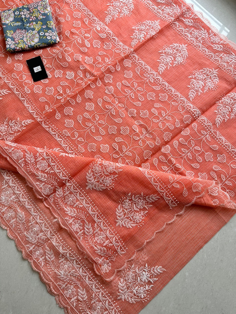 Embroidered Kota Cotton Doria Saree