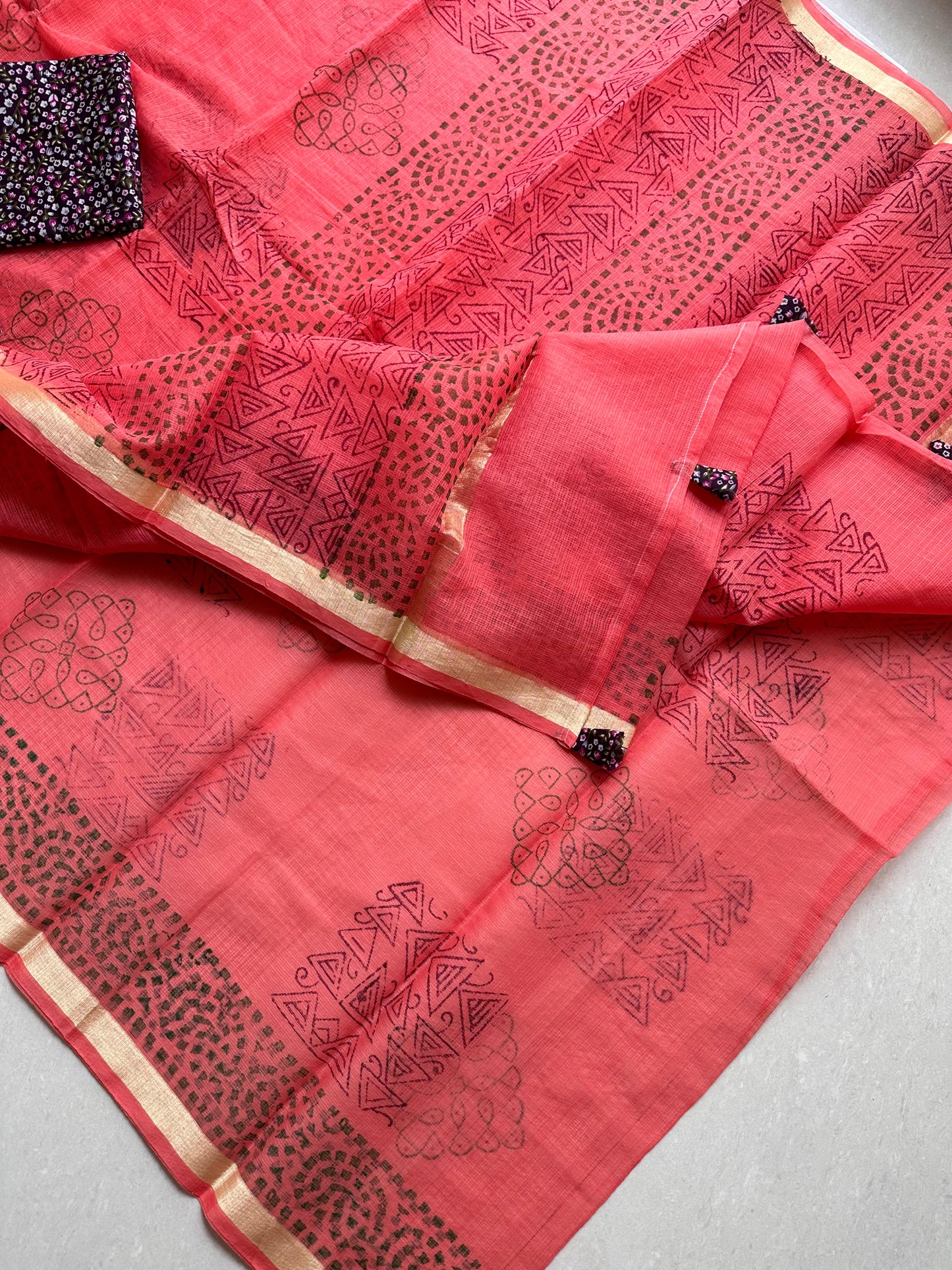 HandBlock Printed Kota Cotton Doria Saree