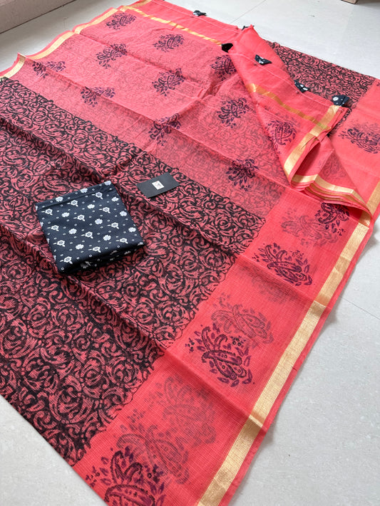 HandBlock Printed Kota Cotton Doria Saree