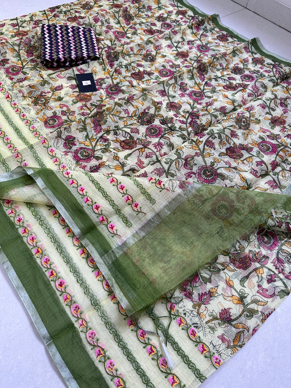 Embroidered Digital Printed Kota Cotton Doria Saree