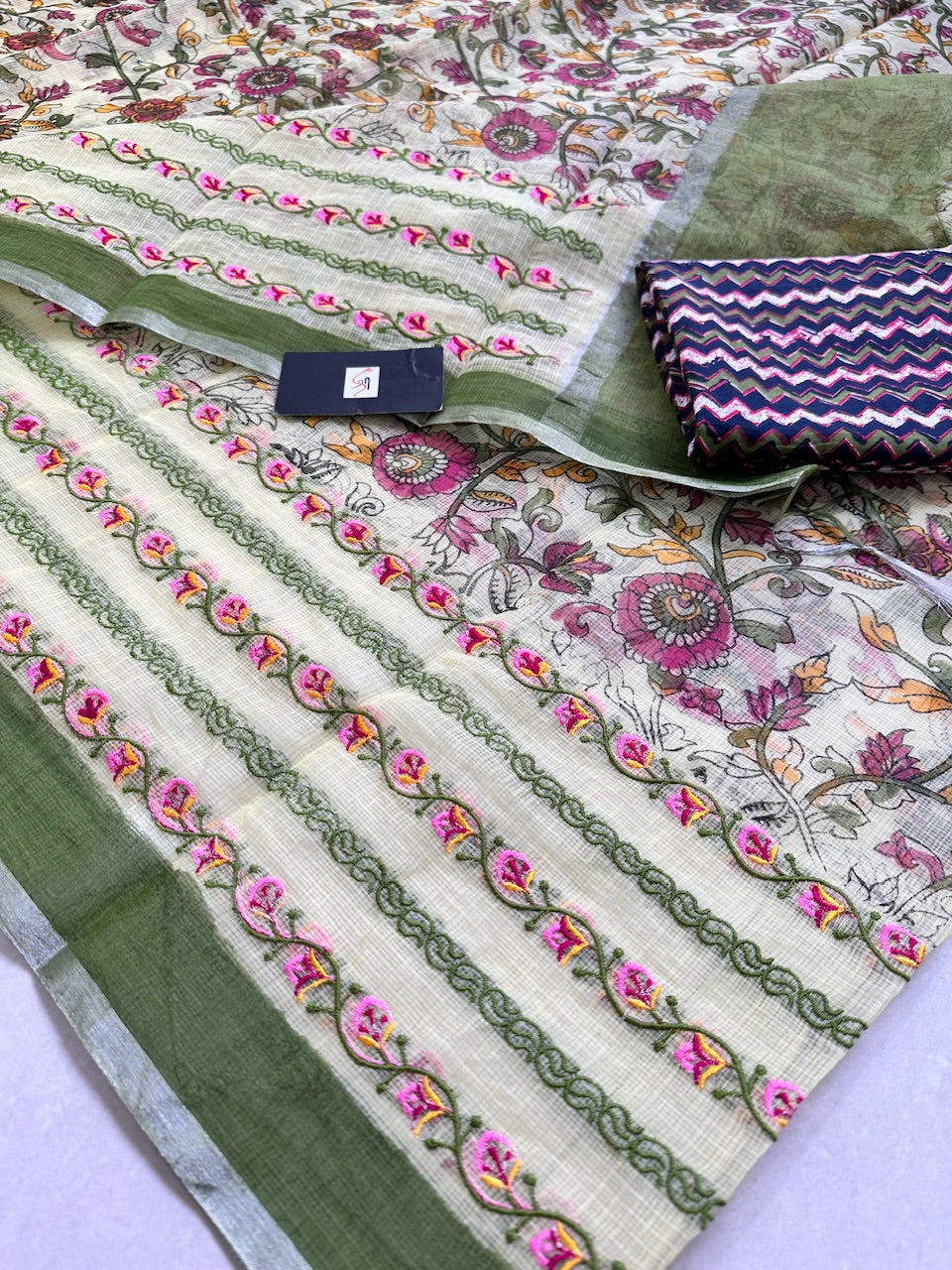 Embroidered Digital Printed Kota Cotton Doria Saree