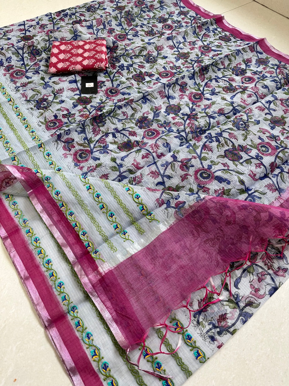 Embroidered Digital Printed Kota Cotton Doria Saree