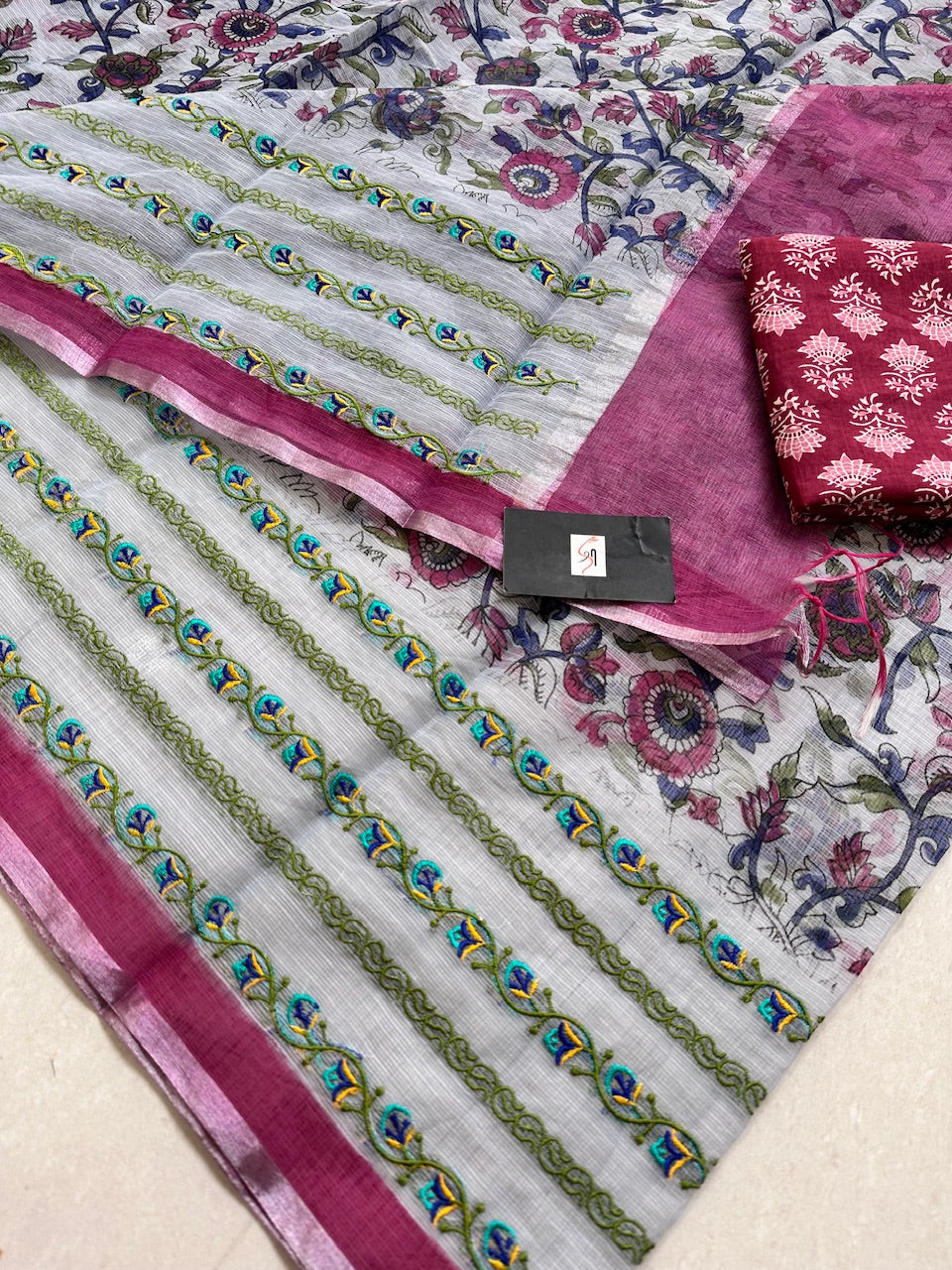 Embroidered Digital Printed Kota Cotton Doria Saree