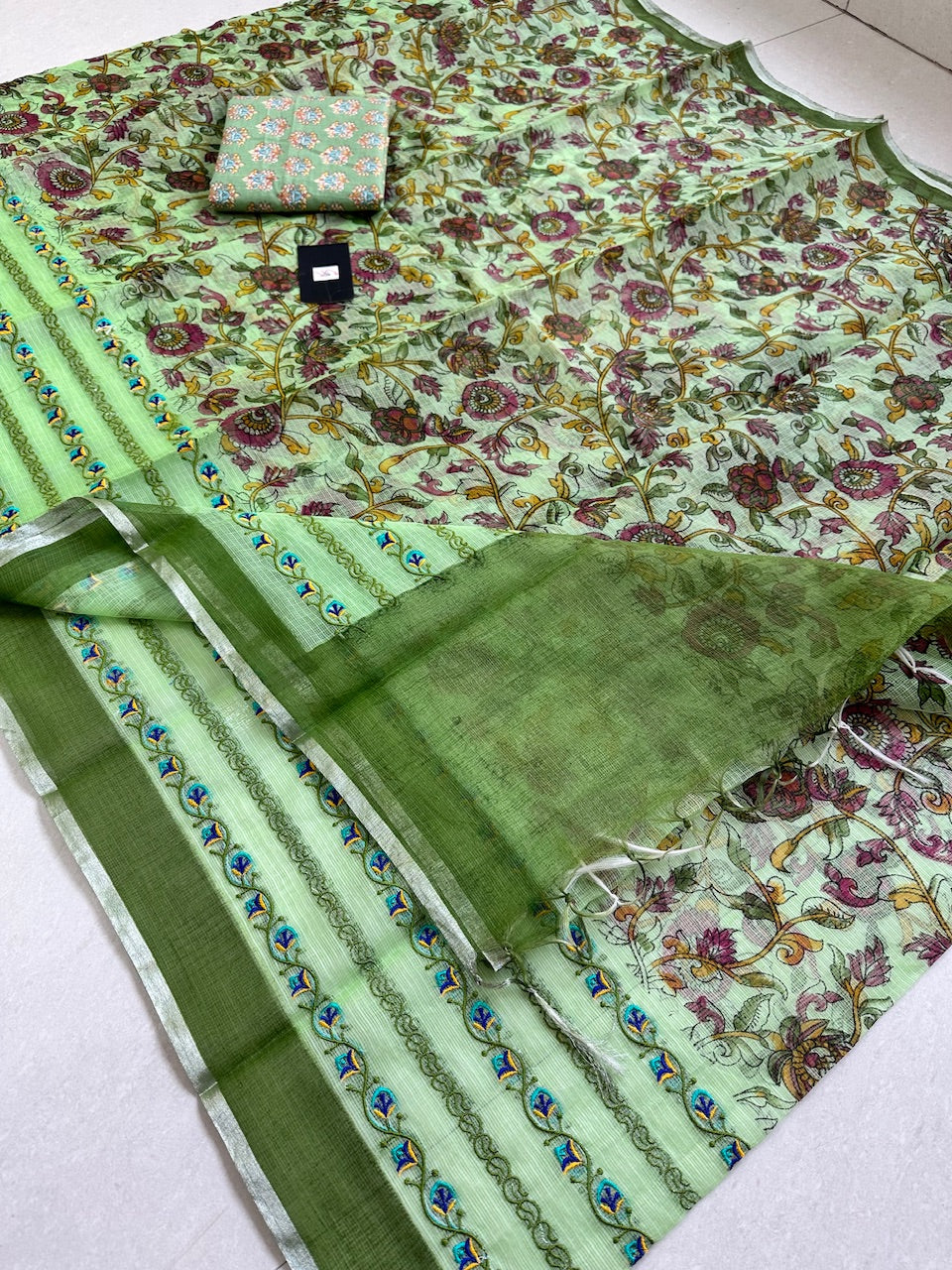 Embroidered Digital Printed Kota Cotton Doria Saree