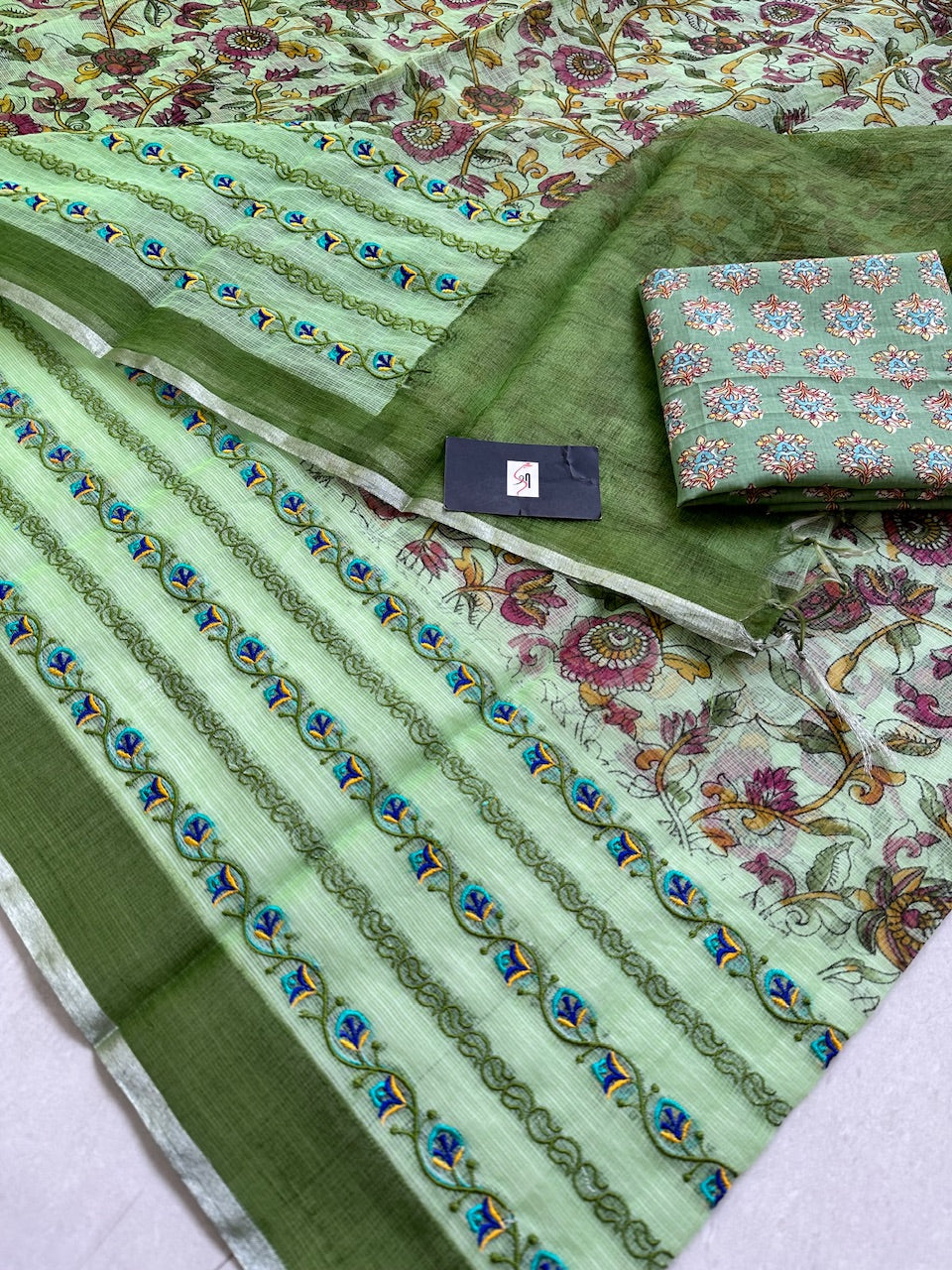 Embroidered Digital Printed Kota Cotton Doria Saree