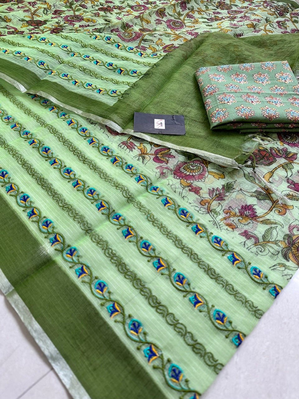 Embroidered Digital Printed Kota Cotton Doria Saree