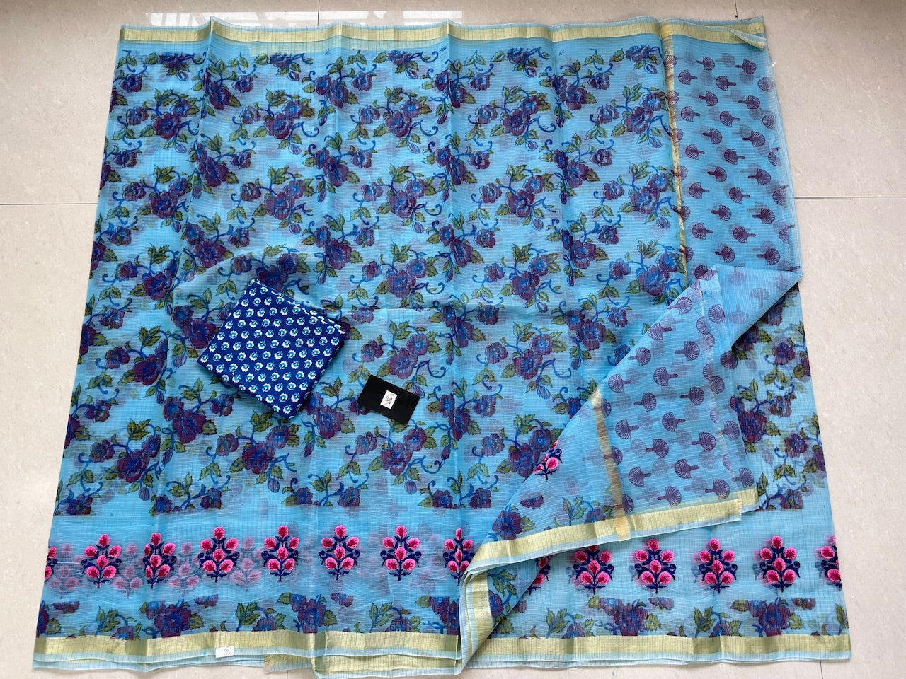 Embroidered Digital Printed Kota Cotton Doria Saree