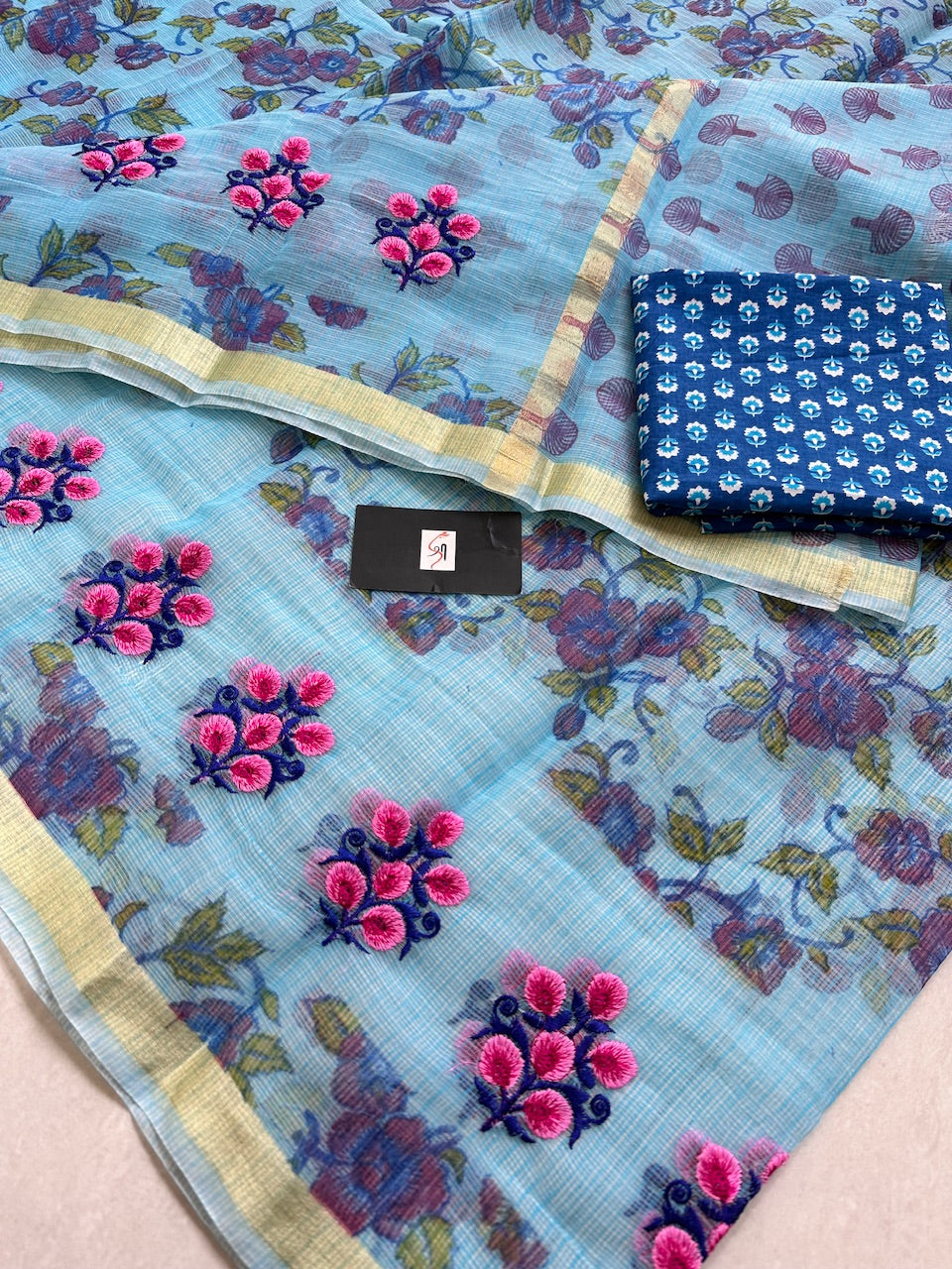 Embroidered Digital Printed Kota Cotton Doria Saree