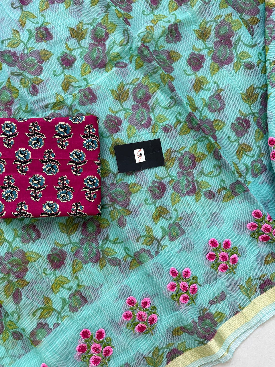 Embroidered Digital Printed Kota Cotton Doria Saree