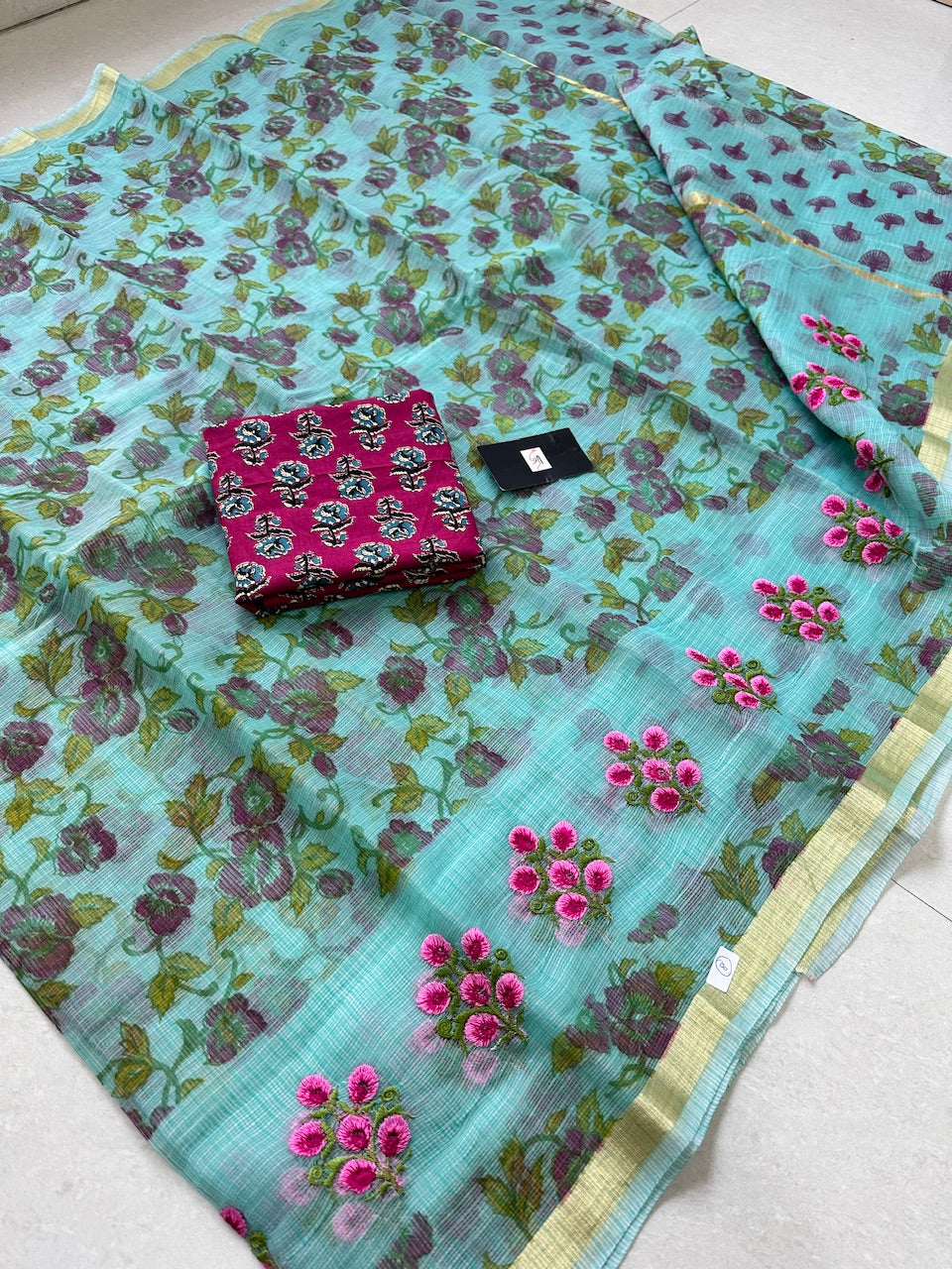 Embroidered Digital Printed Kota Cotton Doria Saree