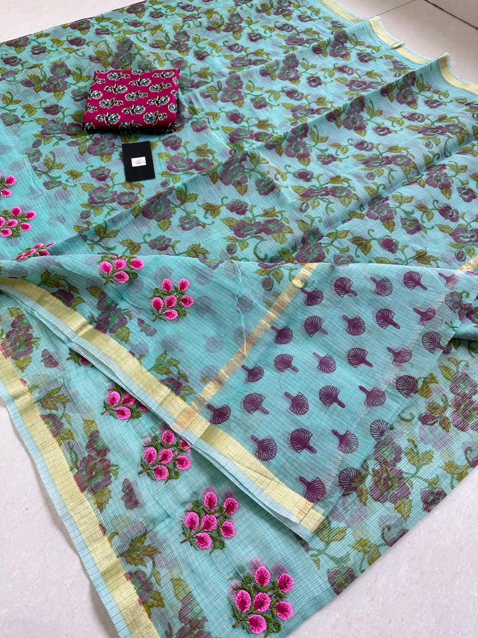 Embroidered Digital Printed Kota Cotton Doria Saree