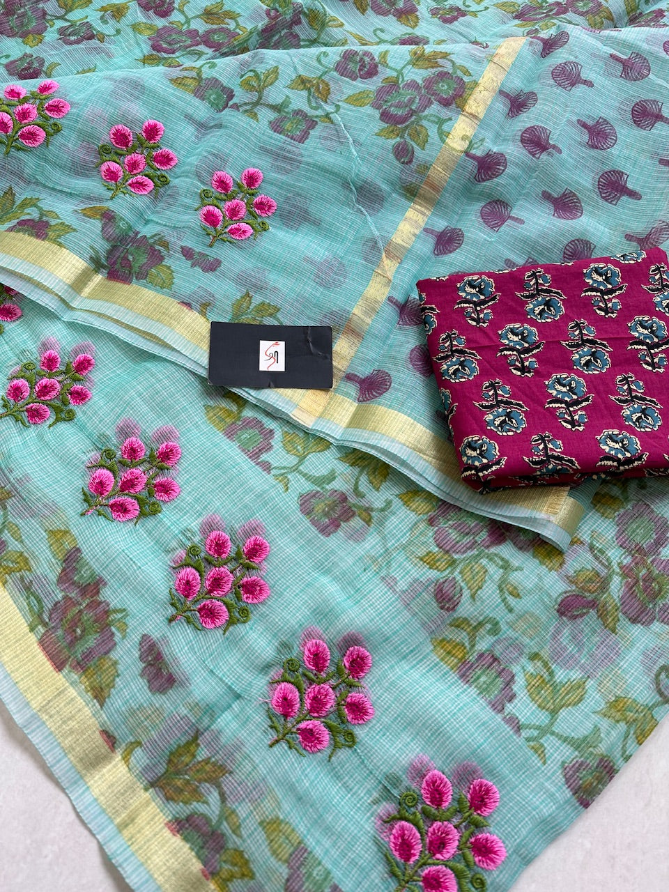 Embroidered Digital Printed Kota Cotton Doria Saree